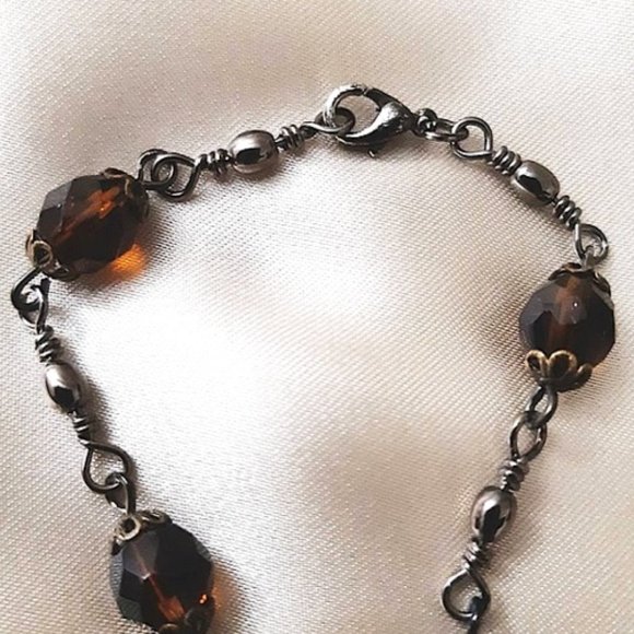 Retro Necklace Brown Czech Faceted Round Smoky Crystal Chromed Metal Links 17" - Picture 7 of 9
